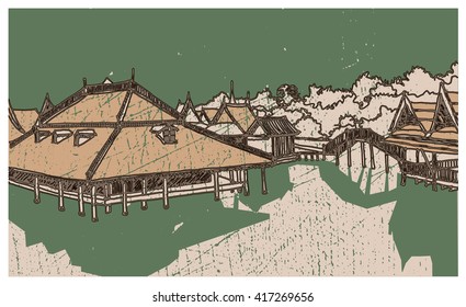 Hand drawn ink line sketch Asian town Bangkok, Thailand with houses, river  in outline style. Ink drawing of cityscape.  Perspective view.