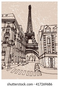 Hand drawn ink line sketch European town Paris, France  with buildings, Eiffel tower  in outline style. Ink drawing of cityscape. Street perspective view.