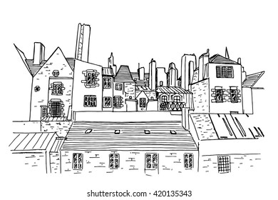 Hand drawn ink line sketch of european cityscape