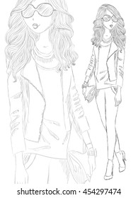 Hand drawn ink line sketch beautiful cute girl model. Vector illustration.