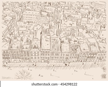 Hand drawn ink line sketch European old town, historical architecture with buildings, roofs in outline style. Ink drawing of cityscape. Travel background. Vector illustration.