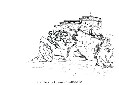 Hand drawn ink line sketch of fort of St. Lawrence (Fort Lovrjenac) in Dubrovnik, Croatia.