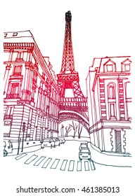 Hand drawn ink line sketch European town Paris, France  with buildings, Eiffel tower  in outline style. Ink drawing of cityscape. Street perspective view.