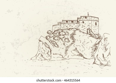 Hand drawn ink line sketch of fort of St. Lawrence (Fort Lovrjenac) in Dubrovnik, Croatia. Retro style.