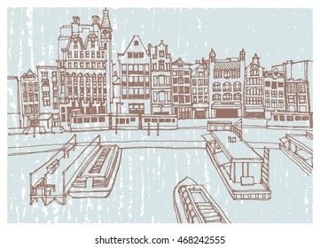 Hand drawn ink line sketch European town Amsterdam , the Netherlands with buildings, canal, boats in outline style. Ink drawing of cityscape. Street perspective view.