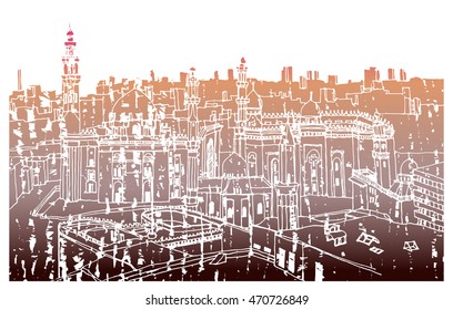 Hand drawn ink line sketch African town Cairo, Egypt with buildings, mosque,  in outline style. Ink drawing of cityscape.The Mosque and Madrasa of Sultan Hassan. Street perspective view.