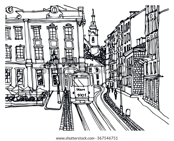 Hand drawn\
ink line sketch European town, historical architecture like Lvov.\
European old town with buildings, roofs in outline style. Ink\
drawing of cityscape. Street perspective\
view.