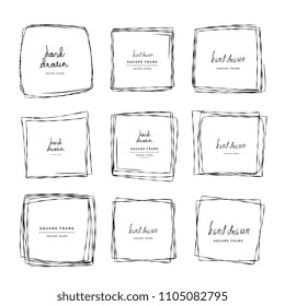 Hand drawn ink line squares vector illustration. Square doodle sketches scribbles for frames isolated on white with place for text. Pencil handwritten art imitation