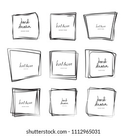 Hand drawn ink line squares vector illustration. Square doodle sketches scribbles for frames isolated on white with place for text. Pencil handwritten art imitation