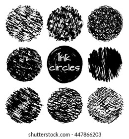 Hand drawn ink lines scribbles circles different textures vector set. Grunge shapes. Vector design elements collection.