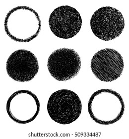 Hand drawn ink lines scribbles circles different textures vector set. Grunge shapes. Vector design elements collection.
