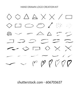 Hand drawn ink logo creation kit including geometric shapes, hearts.