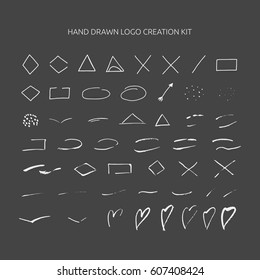 Hand drawn ink logo creation kit including geometric shapes, hearts.