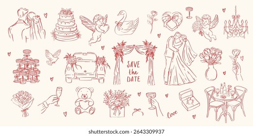 Hand drawn ink love and wedding symbols. Couple, hearts, flowers, teddy, angels, cake for romantic cards, decor, invites. French-inspired whimsical line art.