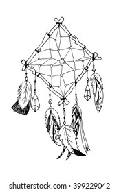 Hand drawn with ink magical dream catcher with feathers. Native American Indian talisman isolated on white. Ethnic design, bohemian chic, tribal amulet