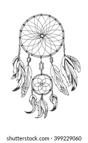 Hand drawn with ink magical dream catcher with feathers. Native American Indian talisman isolated on white. Ethnic design, bohemian chic, tribal amulet
