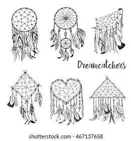 Hand drawn with ink magical dream catchers set with feathers. Native American Indian talisman isolated on white. Ethnic design, bohemian chic, tribal amulet