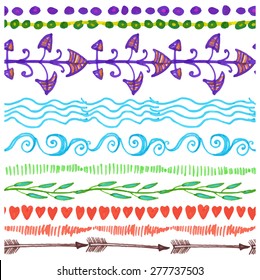 Hand drawn ink marker seamless borders pattern, line border,heart ,floral  elements,stroke,point set.Colored Doodle decor.Design template, invitations, holiday baby design. Vector texture background