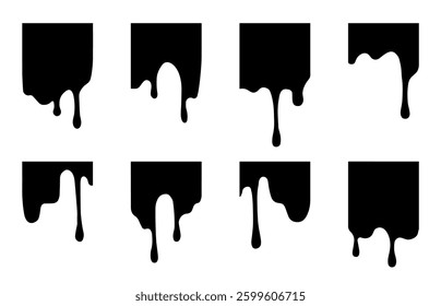 Hand drawn ink melting vector square decorative elements. Cartoon dripping liquid.