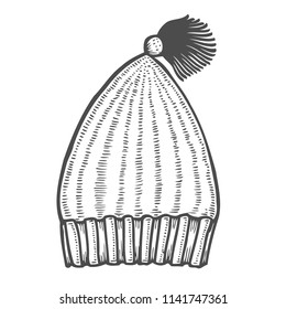 hand drawn ink monochrome knitted hat icon in cartoon style on a white background