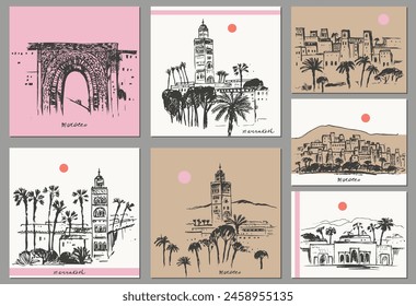 Hand drawn ink Morocco sketches. City street drawing with oriental architecture, palm trees, hills, sun. Marrakesh landmark, ancient buildings, temple, gates.