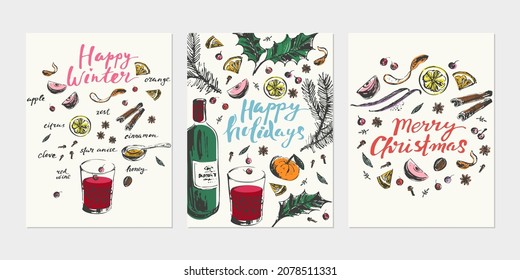 Hand Drawn Ink Mulled Wine Recipe And Ingredients Illustration. Wine Bottle, Wine Glass, Spices, Fruits, Honey, Zest, Cinnamon, Herb. Hot Winter Holiday Drink Poster, Card Background.