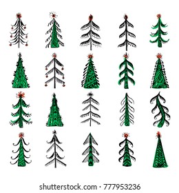 Hand drawn ink ornamental christmas trees set. Design element for festive background, card, gift tag design. Winter holidays and new year background.