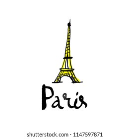 Hand drawn ink Paris Tour Eiffel icon, doodle style. Poster, postcard, print for mugs, souvenirs and other. Vector Illustration, clipart. Isolated on white background.