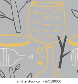 Hand drawn ink pattern of a bottle and a plants. ?ute overlapping background for your design.Textile, blog decoration, banner, poster, wrapping paper.