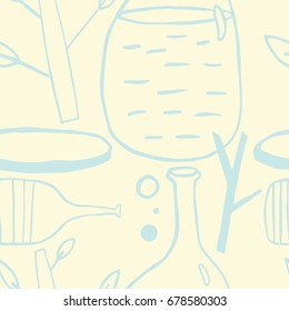 Hand drawn ink pattern of a bottle and a plants. ?ute overlapping background for your design.Textile, blog decoration, banner, poster, wrapping paper.
