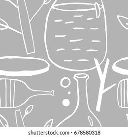 Hand drawn ink pattern of a bottle and a plants. ?ute overlapping background for your design.Textile, blog decoration, banner, poster, wrapping paper.