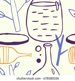 Hand drawn ink pattern of a bottle and a plants. ?ute overlapping background for your design.Textile, blog decoration, banner, poster, wrapping paper.