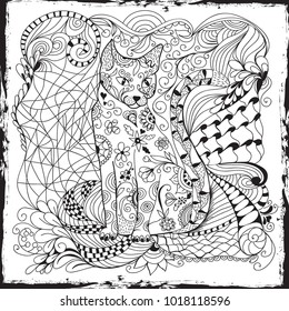 Hand drawn ink pattern. Coloring book for adult. Vector illustration cat