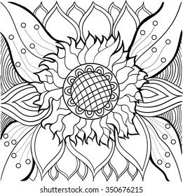 Hand drawn ink pattern. Coloring book Coloring for adult. Coloring with a sunflower and patterns