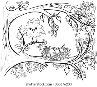 Hand drawn ink pattern. Coloring book Coloring for adult. coloring a branch with a nest and a baby bird