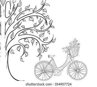 Hand drawn ink pattern. Coloring book Coloring for adult. Coloring tree and bicycle.