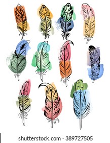 Hand drawn ink pattern. Coloring book Coloring for adult feather bird's feather