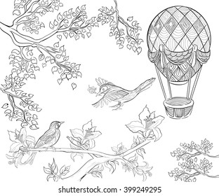 Hand drawn ink pattern. Coloring book Coloring for adult birds  air balloon