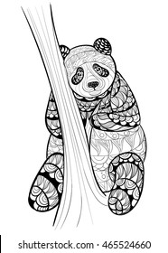 Hand drawn ink pattern. Coloring book for adult. Vector illustration panda