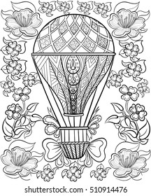 Hand drawn ink pattern. Coloring book for adult. Air baloon vector illustration