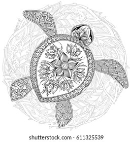 Hand drawn ink pattern. Coloring book Coloring for adult. turtle.