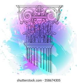 Hand drawn ink pattern Column on a water color background. Turquoise and violet