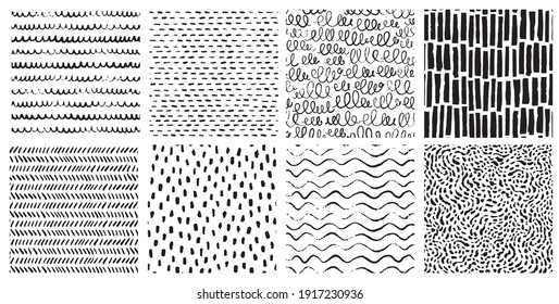 Hand drawn ink pattern and textures set. Expressive seamless abstract vector backgrounds in black and white. Trendy monochrome brush marks.