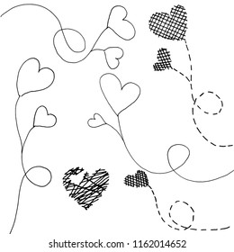 hand drawn ink pen illustration, hearts, doodles, black on white background