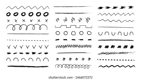 Hand drawn ink pen lines. Vector underline brush and pencil strokes brushes, doodle frame dividers line and ornament scribble set