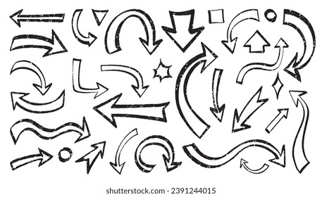 Hand drawn ink pen or marker grunge arrows vector set. various  freehand outlined arrows and direction pointers collection