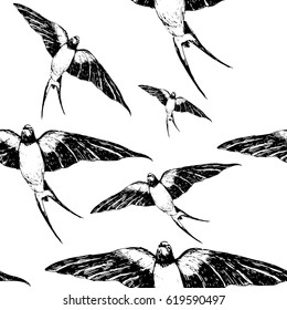 Hand drawn with ink pen pattern with black swallow on white background. Flying birds in the sky perfect for fabrics and textile or paper design. Trendy and fashion background.