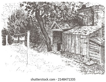 Hand drawn ink and pen sketch landscape, ancient residential house of the monastery with old oak tree in Chernihiv. Black and white vector traced illustration 