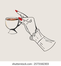 A hand drawn ink picture for the menu: a woman's hand holding an elegant cup of coffee. Vector illustration on a transparent background.