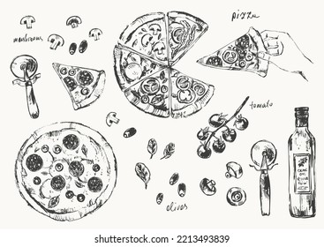 Hand drawn ink pizza sketch and sausage  mushroom  cheese  tomato  olive oil  knife  Hand holding piece pizza 
